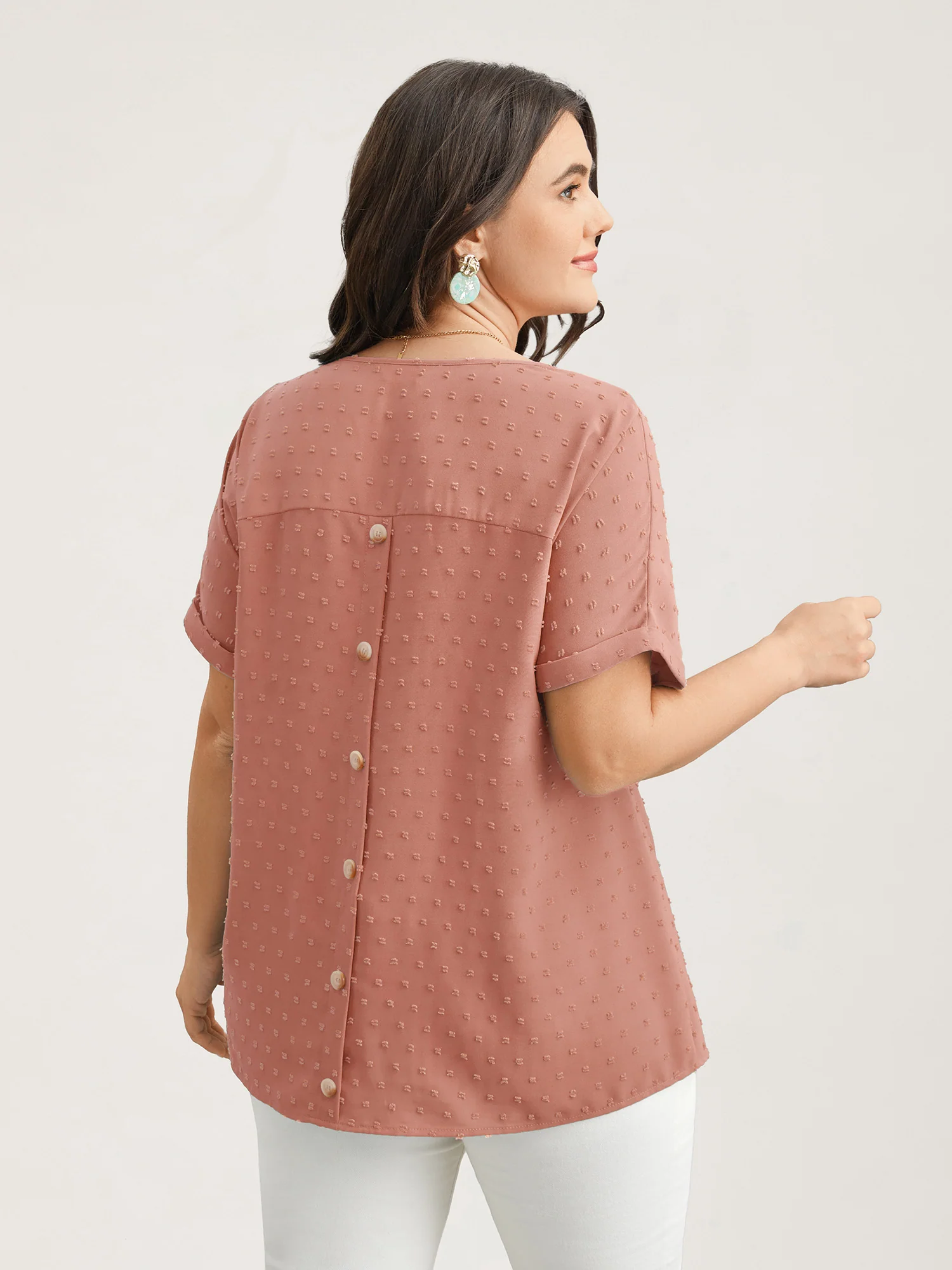 Back-Button Textured V-Neck Shirt - Image 19