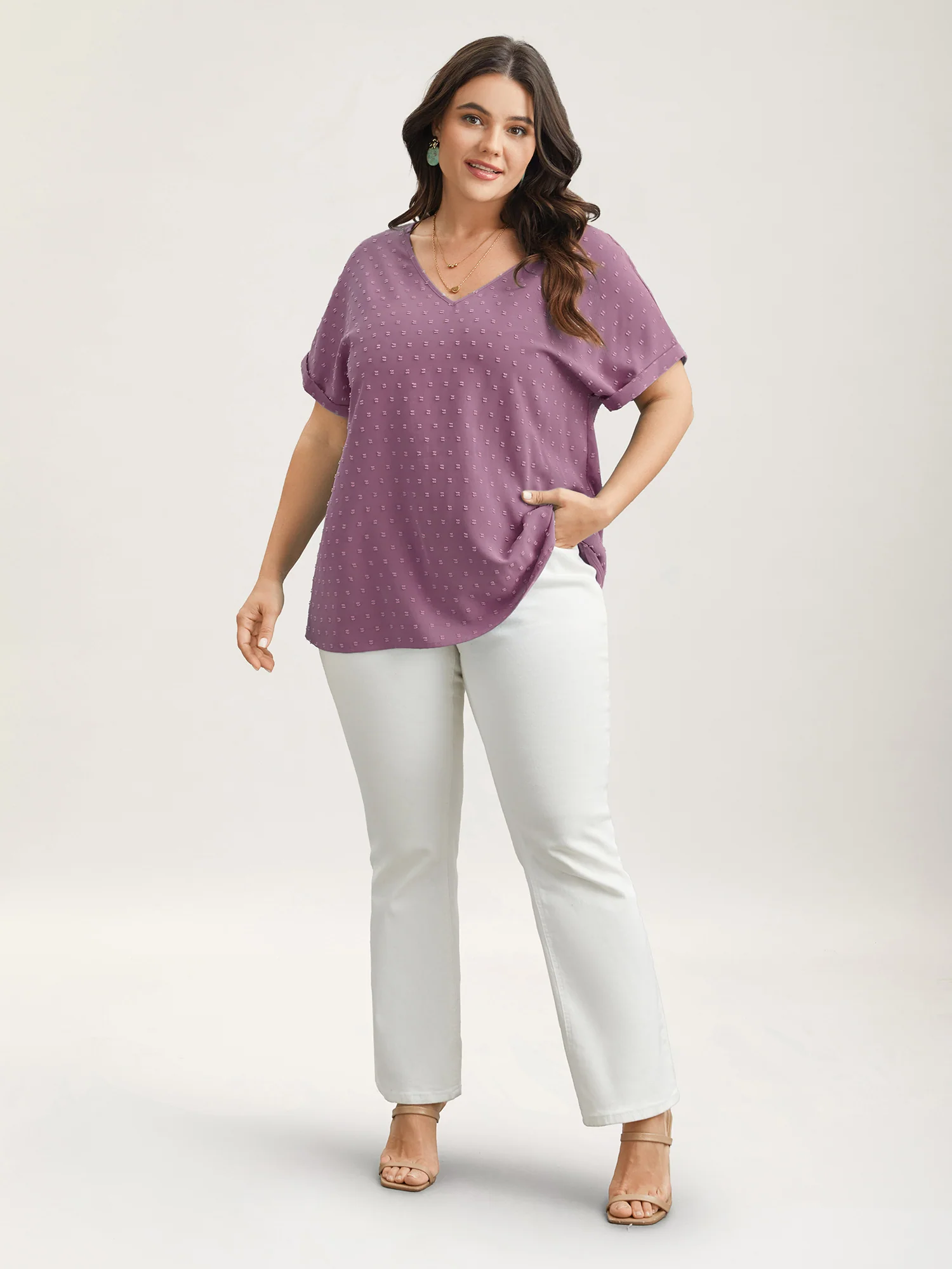 Back-Button Textured V-Neck Shirt - Image 2