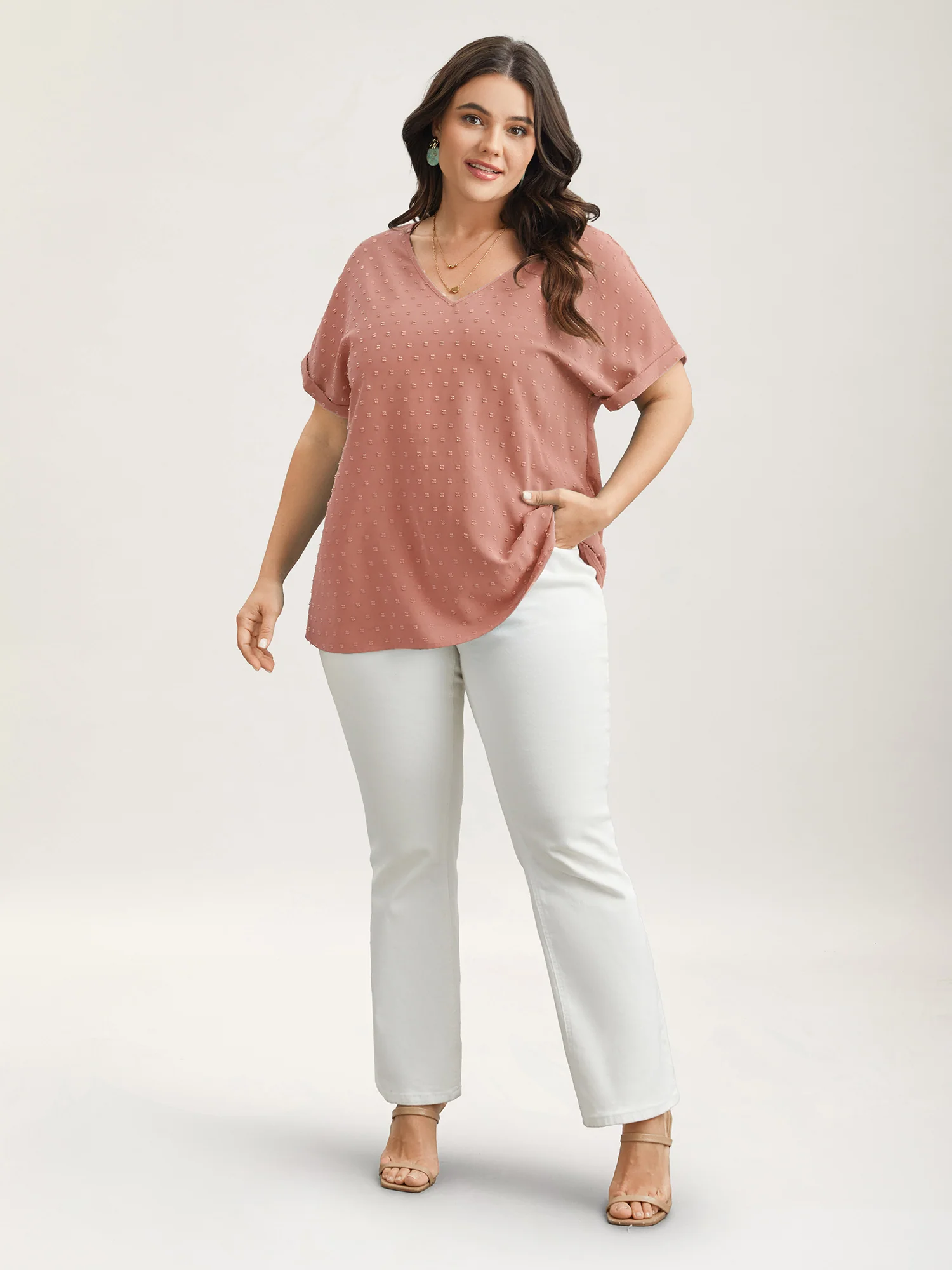 Back-Button Textured V-Neck Shirt - Image 20