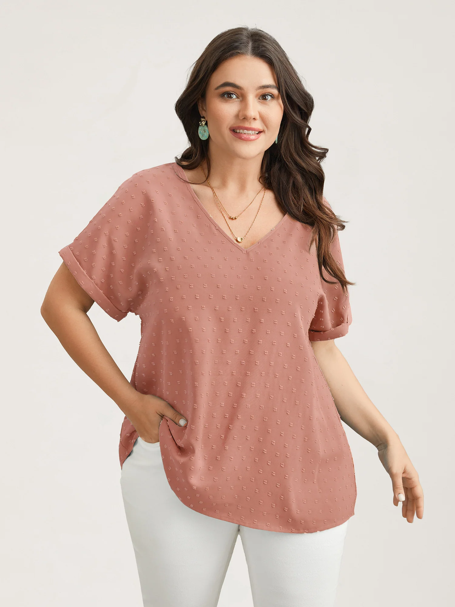 Back-Button Textured V-Neck Shirt - Image 21