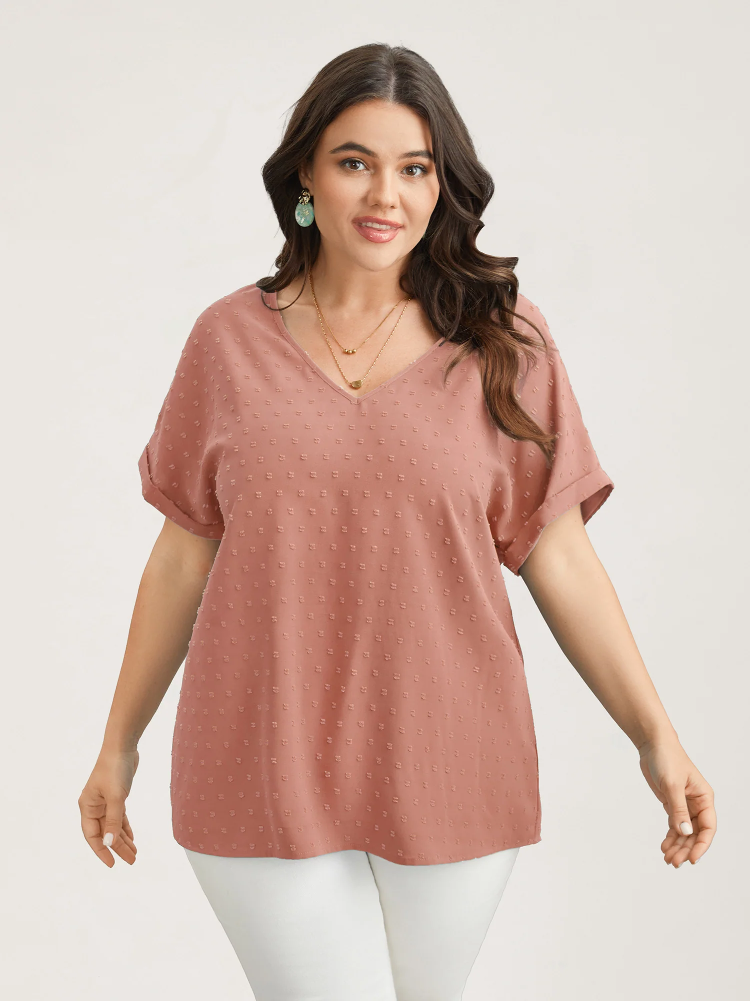 Back-Button Textured V-Neck Shirt - Image 22