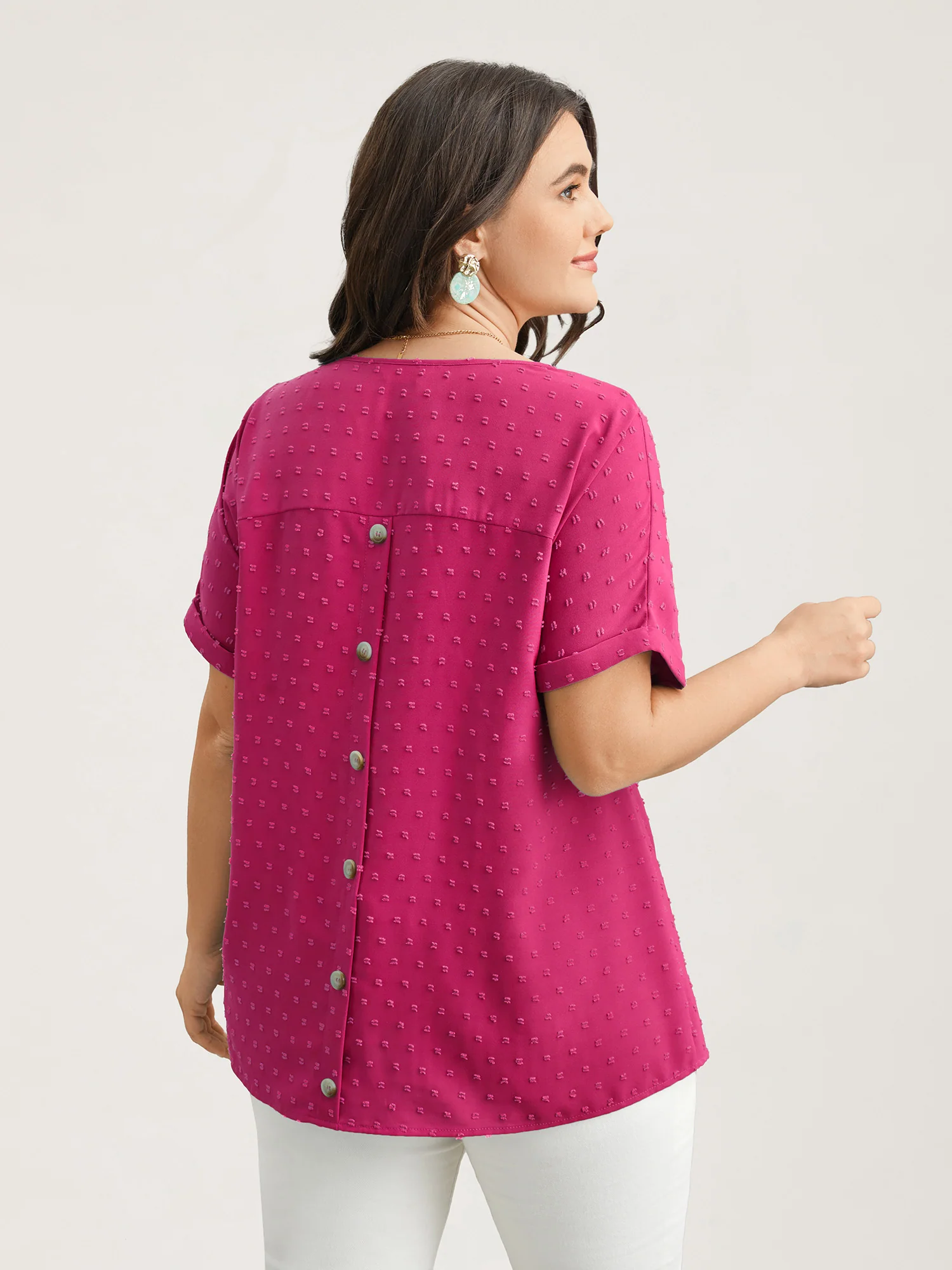 Back-Button Textured V-Neck Shirt - Image 24