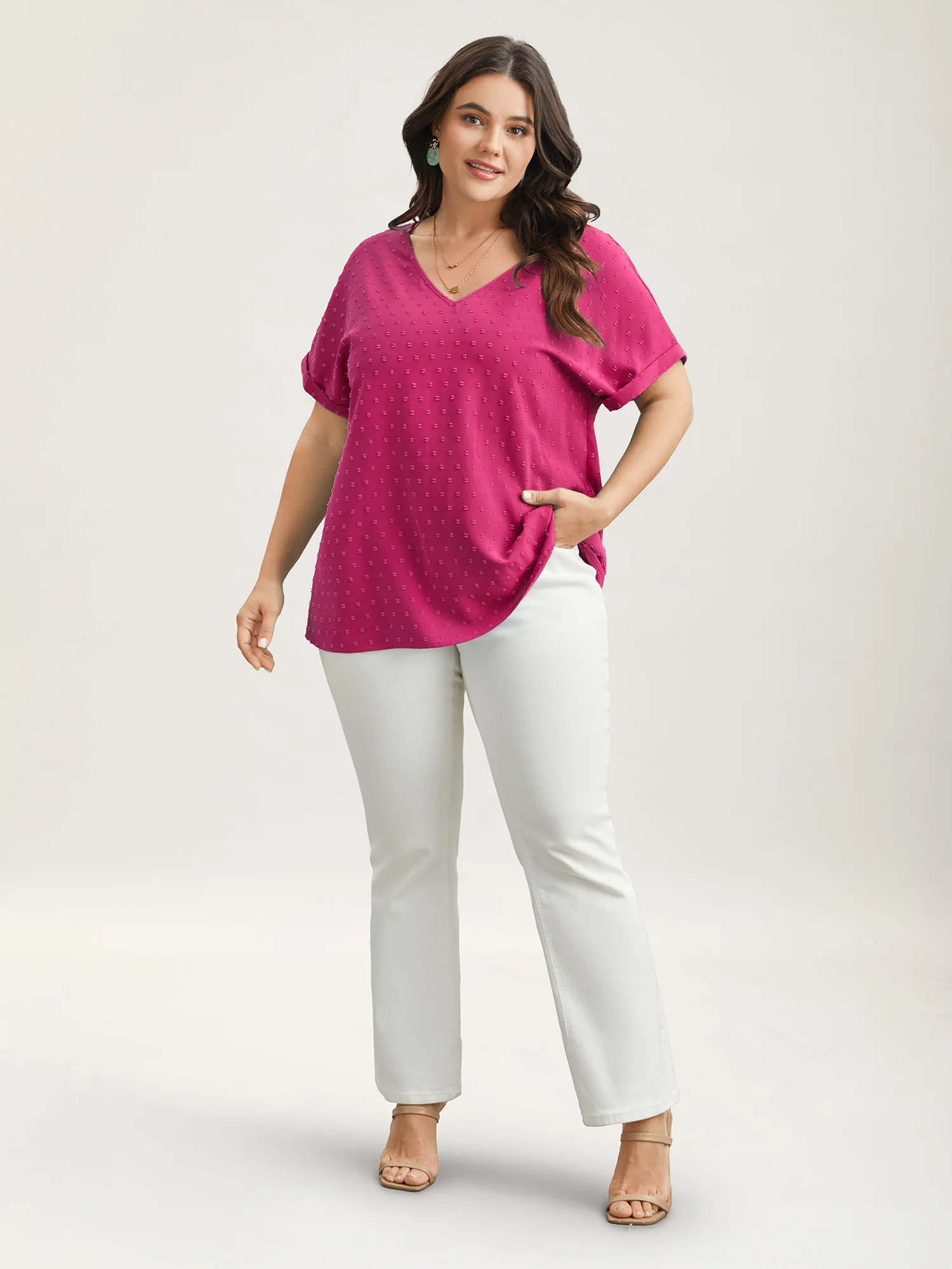 Back-Button Textured V-Neck Shirt - Image 25