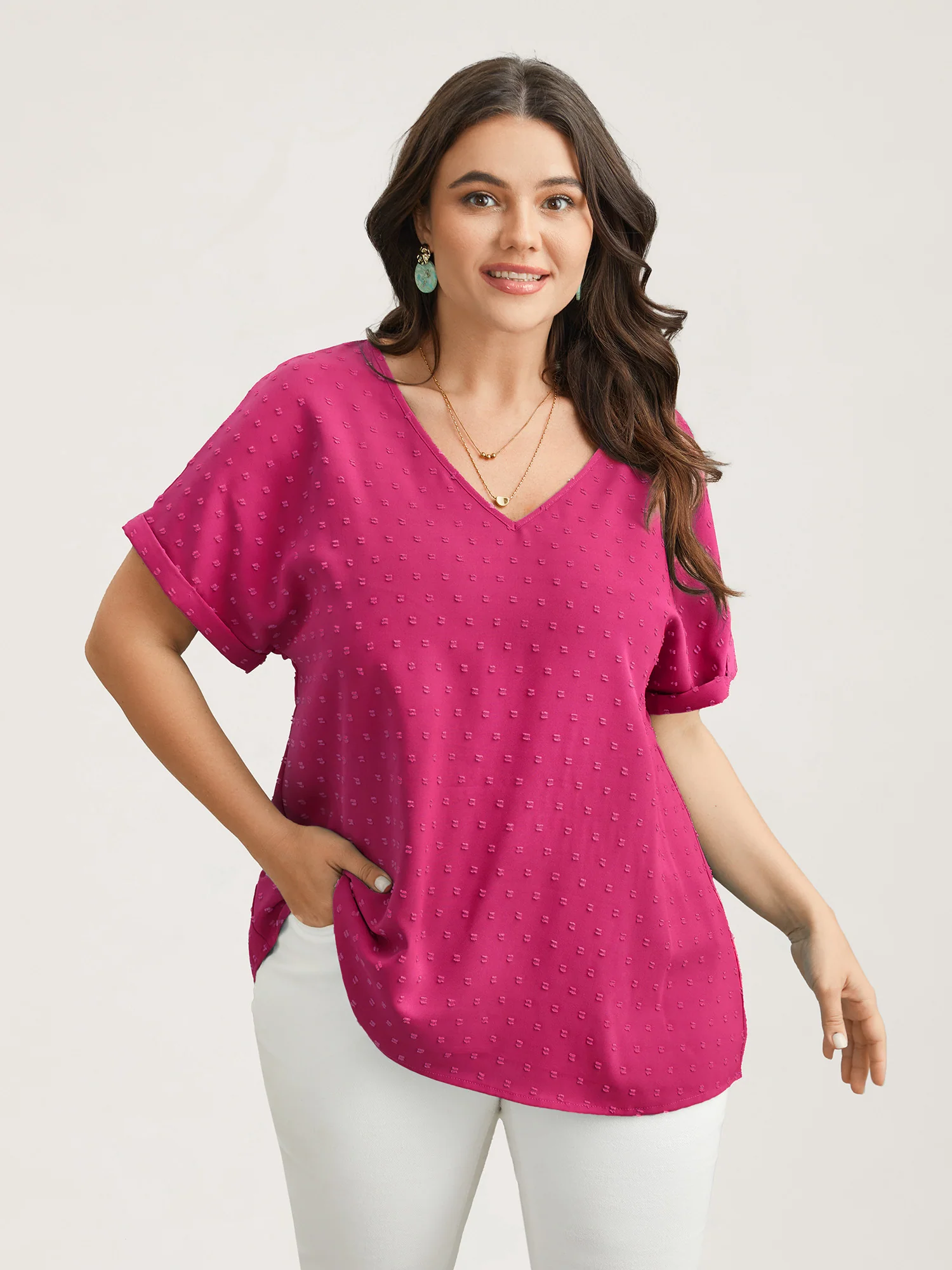 Back-Button Textured V-Neck Shirt - Image 26