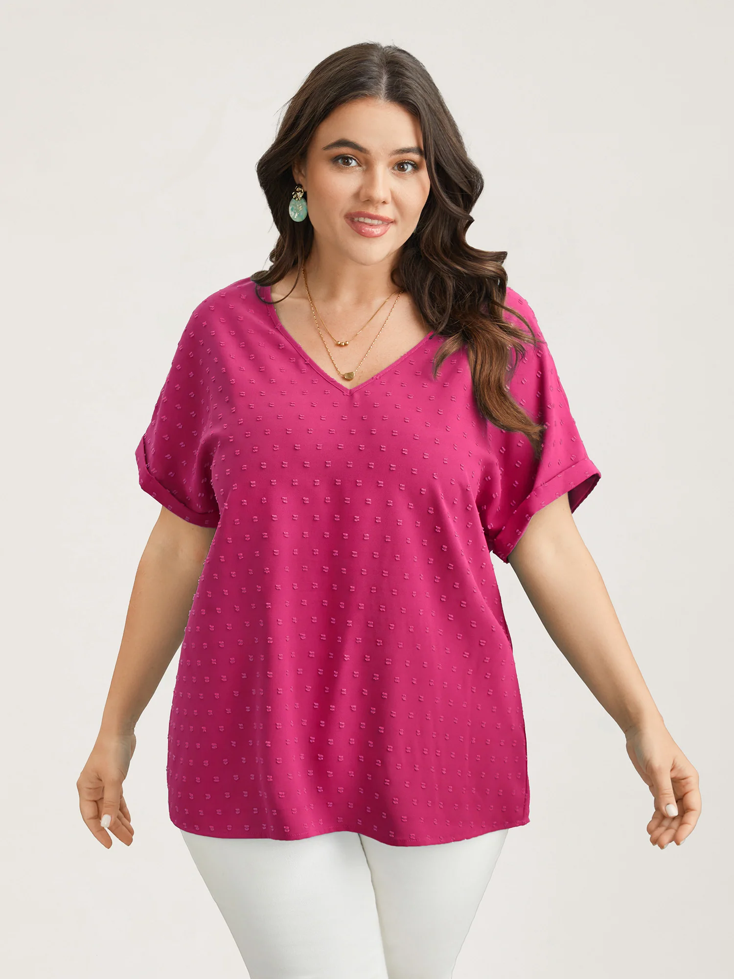 Back-Button Textured V-Neck Shirt - Image 27