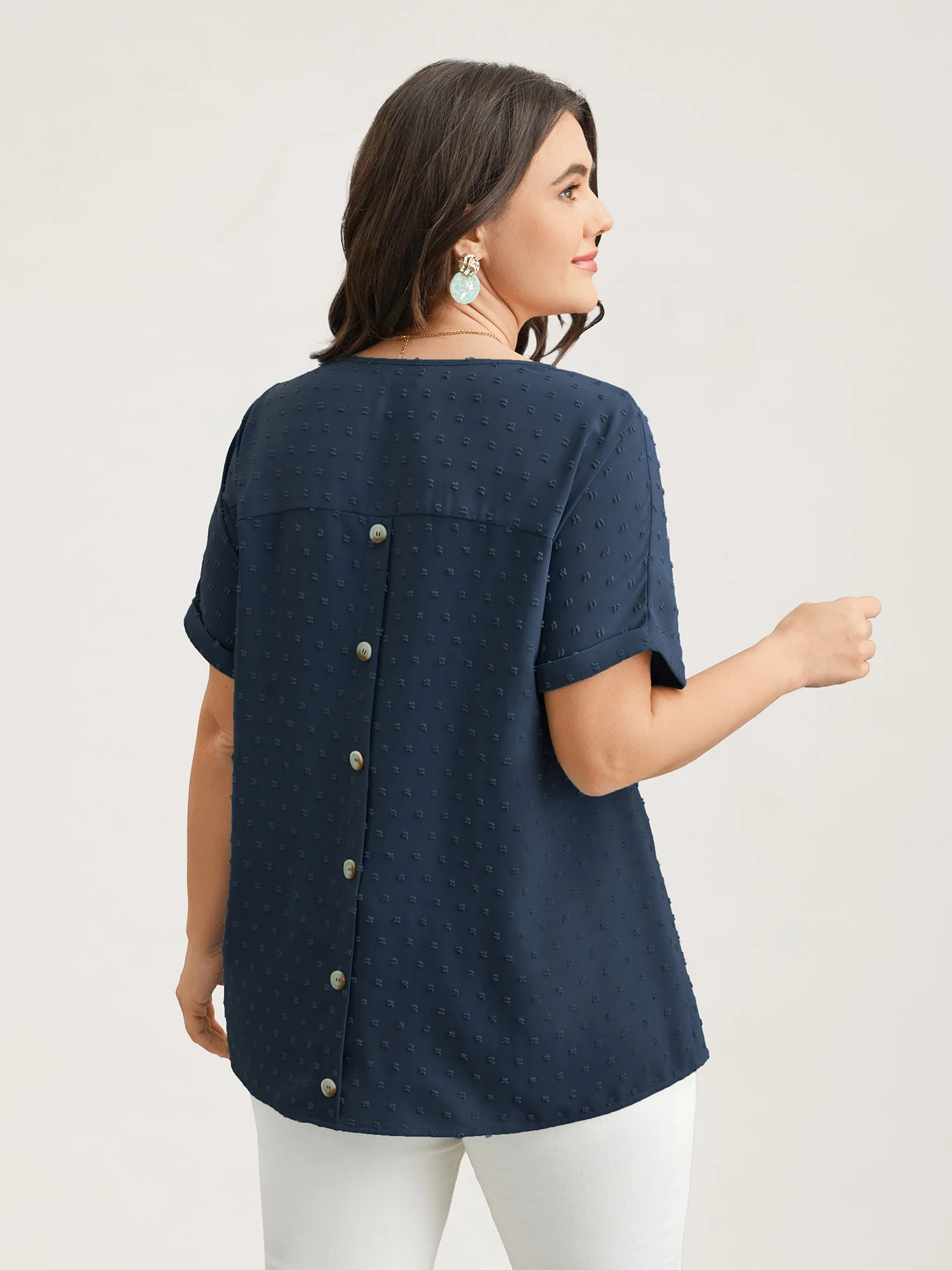 Back-Button Textured V-Neck Shirt - Image 29