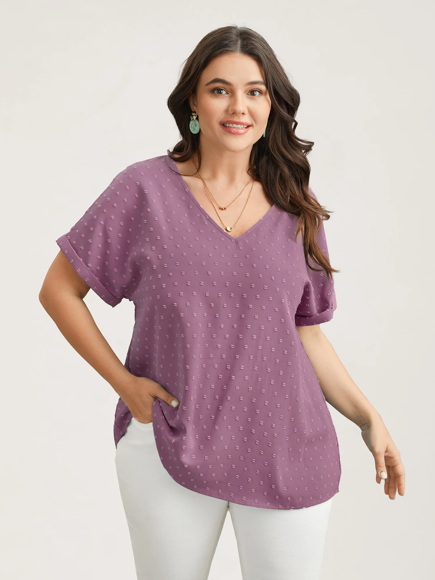 Back-Button Textured V-Neck Shirt - Image 3
