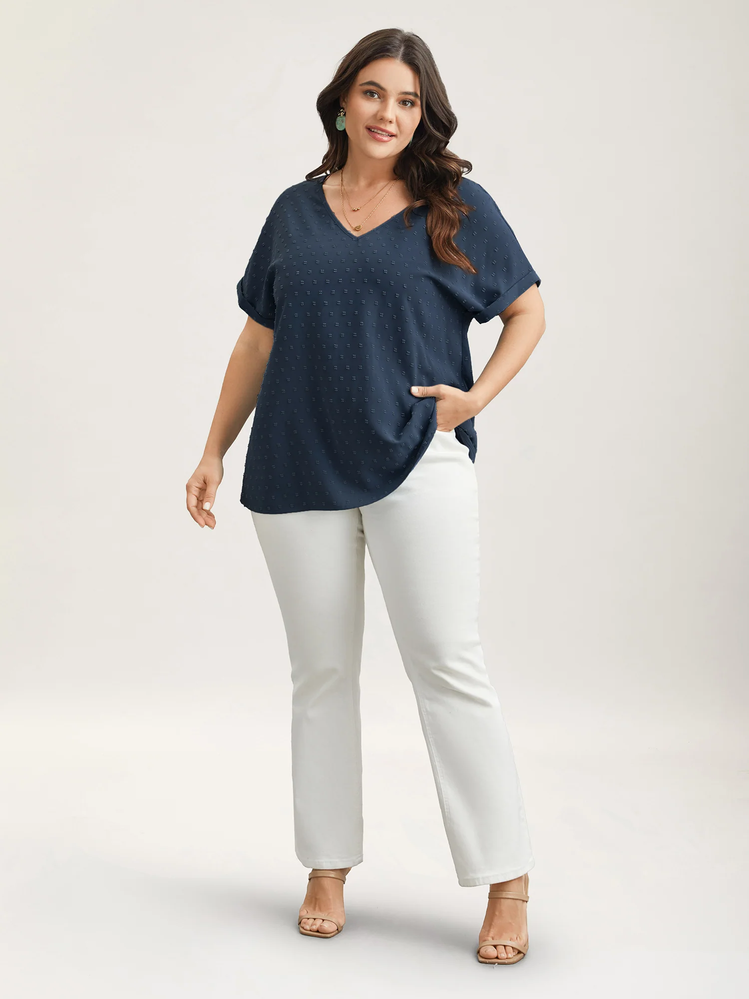 Back-Button Textured V-Neck Shirt - Image 30
