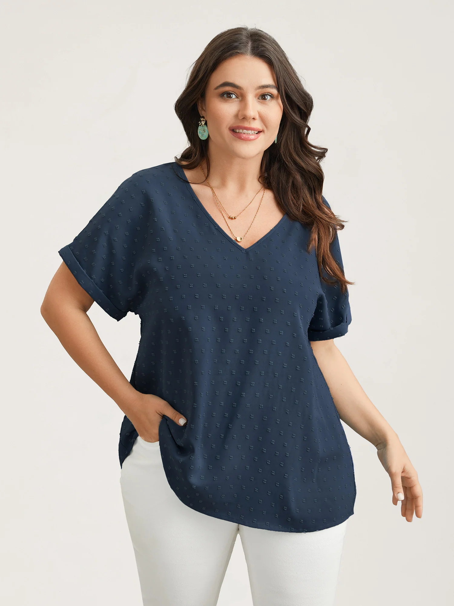 Back-Button Textured V-Neck Shirt - Image 31