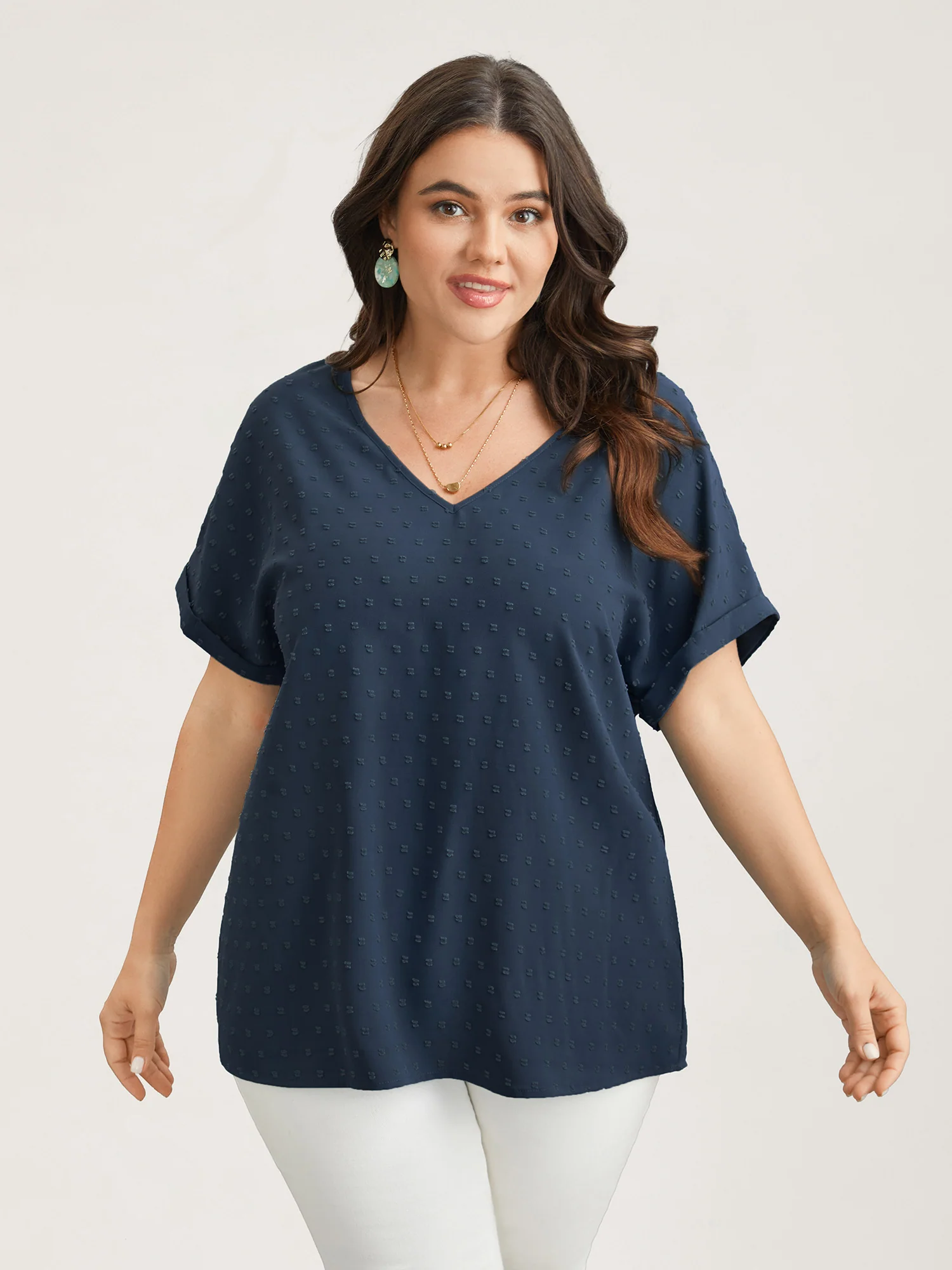 Back-Button Textured V-Neck Shirt - Image 32