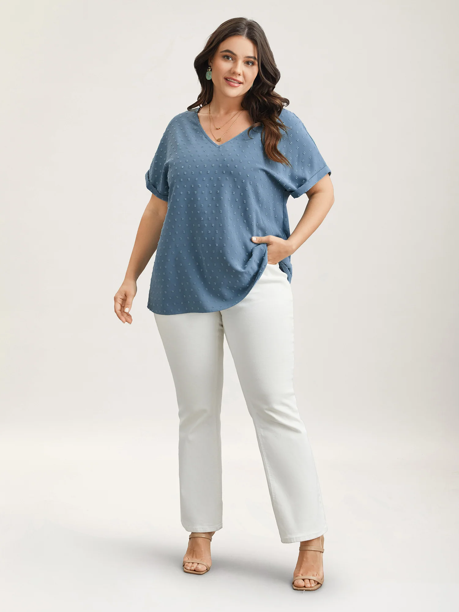 Back-Button Textured V-Neck Shirt - Image 35