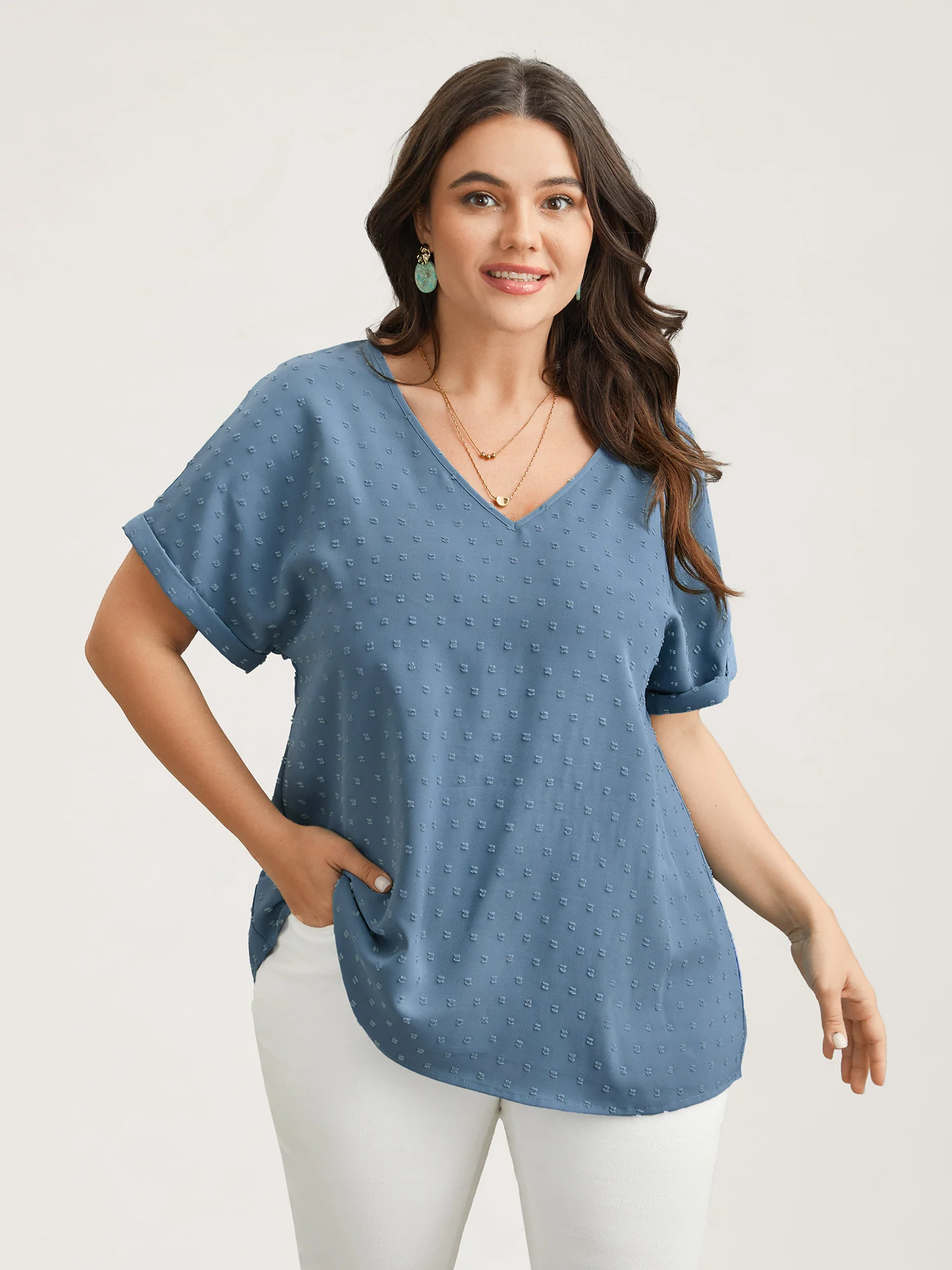 Back-Button Textured V-Neck Shirt - Image 36