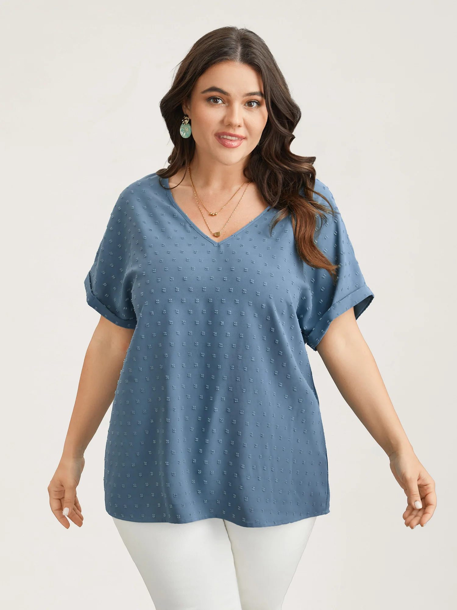 Back-Button Textured V-Neck Shirt - Image 37