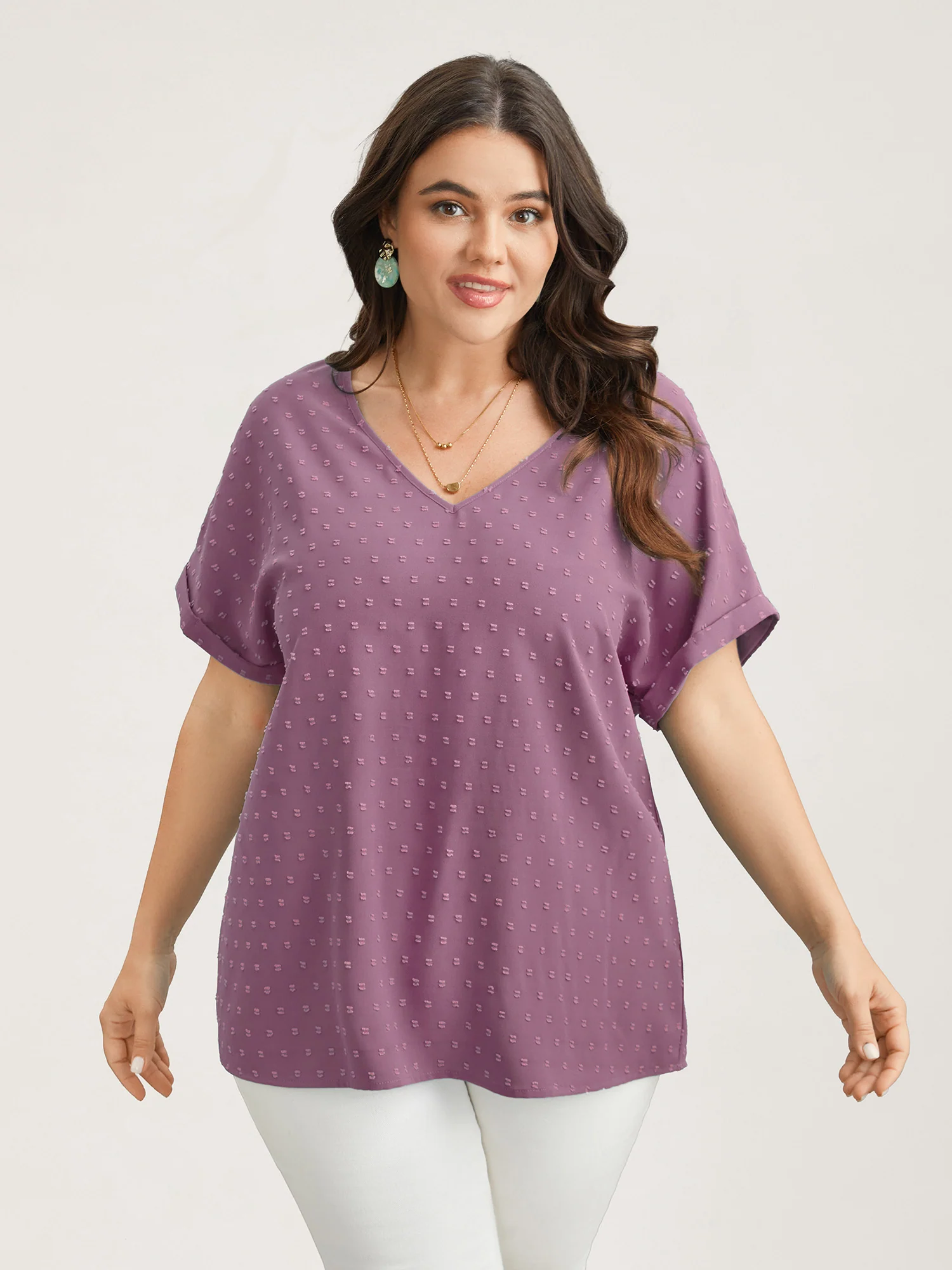 Back-Button Textured V-Neck Shirt - Image 4