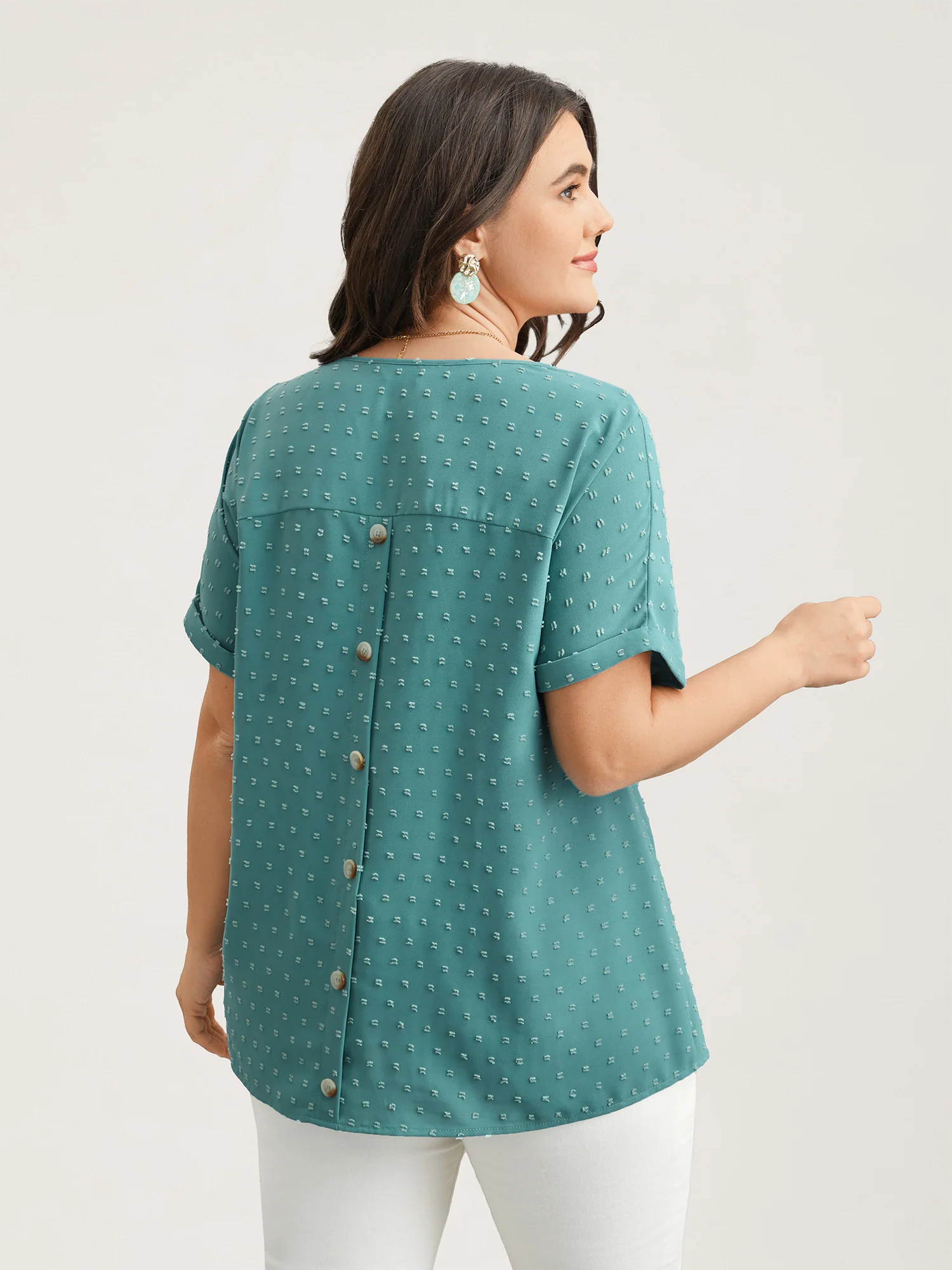 Back-Button Textured V-Neck Shirt - Image 6