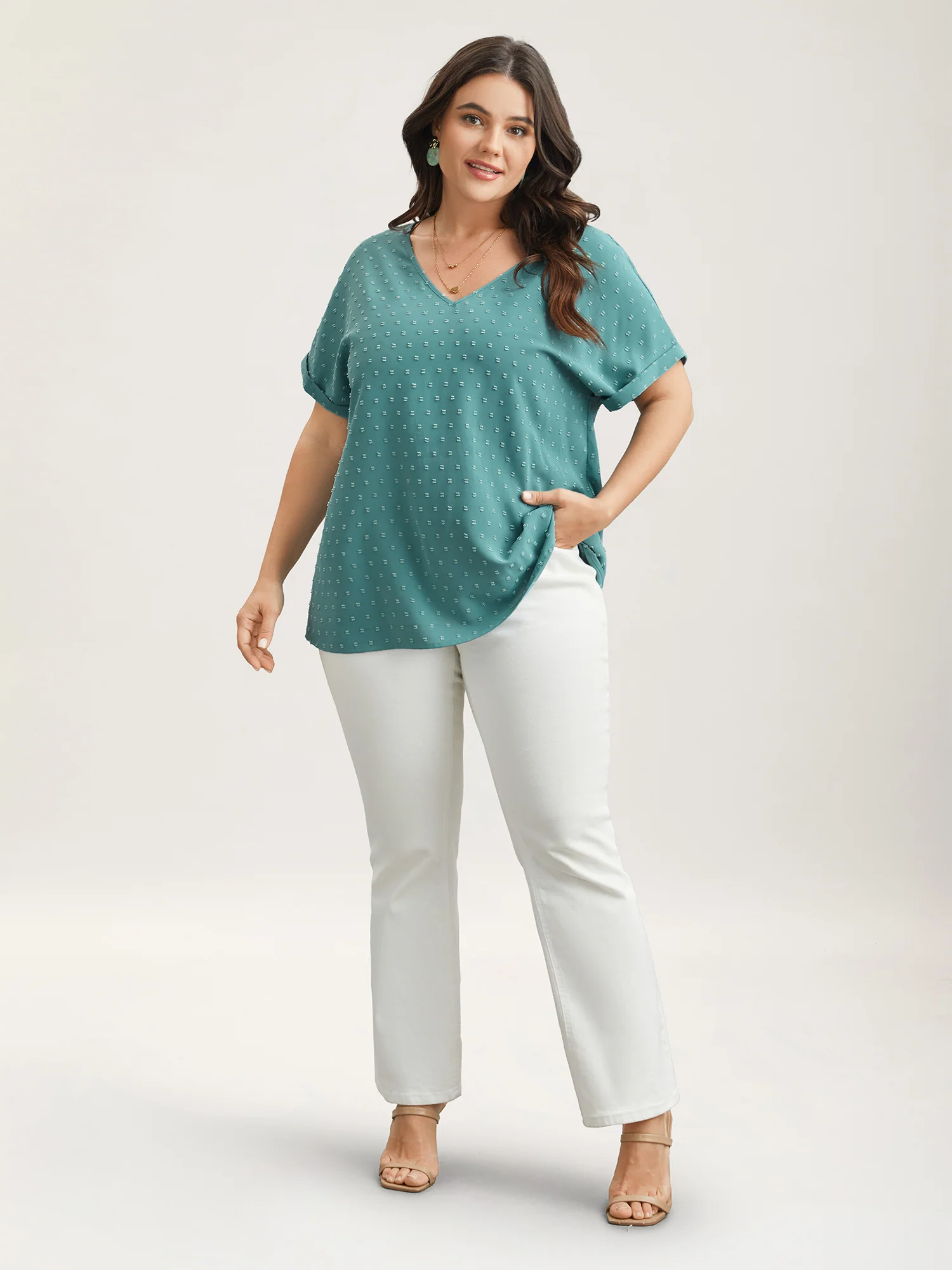 Back-Button Textured V-Neck Shirt - Image 7