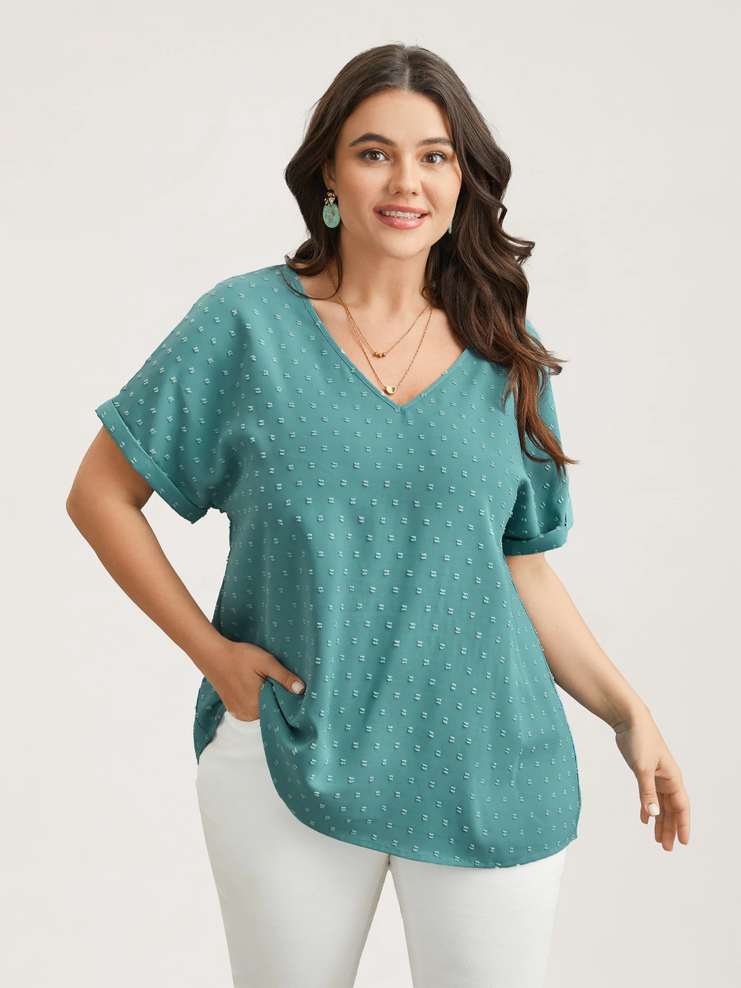 Back-Button Textured V-Neck Shirt - Image 8