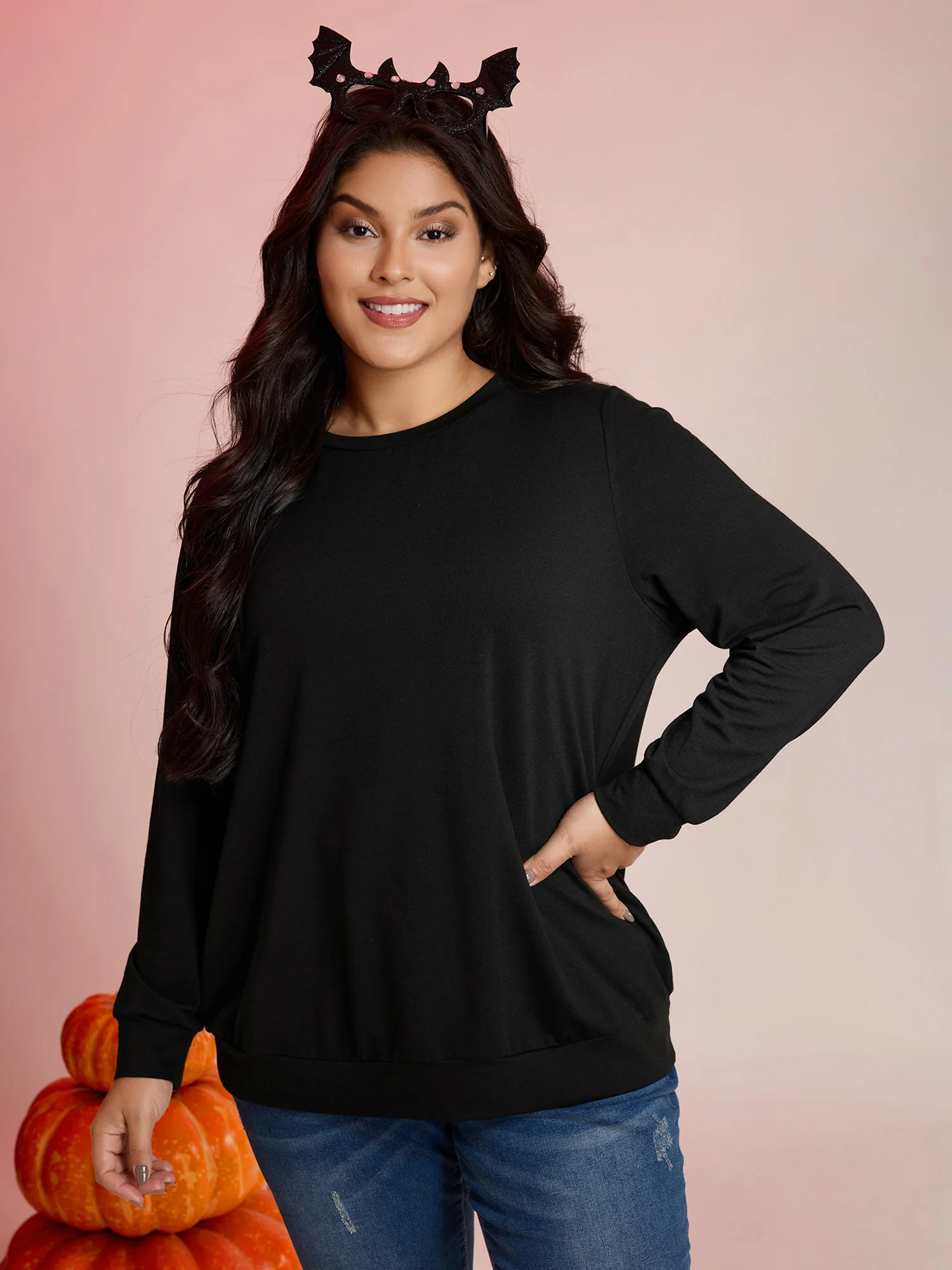 Back Sheer Halloween Print Solid Sweatshirt - Image 2
