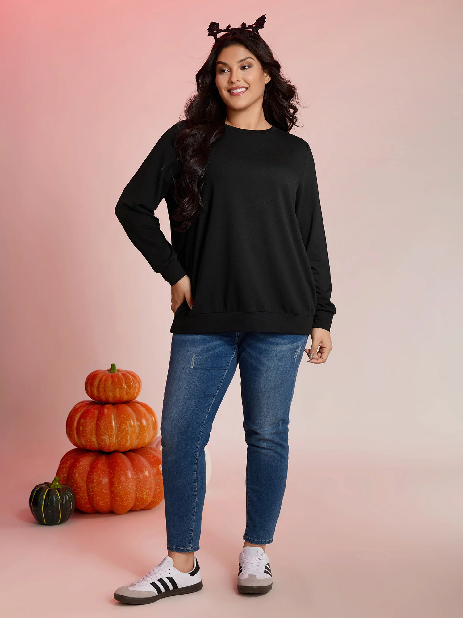 Back Sheer Halloween Print Solid Sweatshirt - Image 3