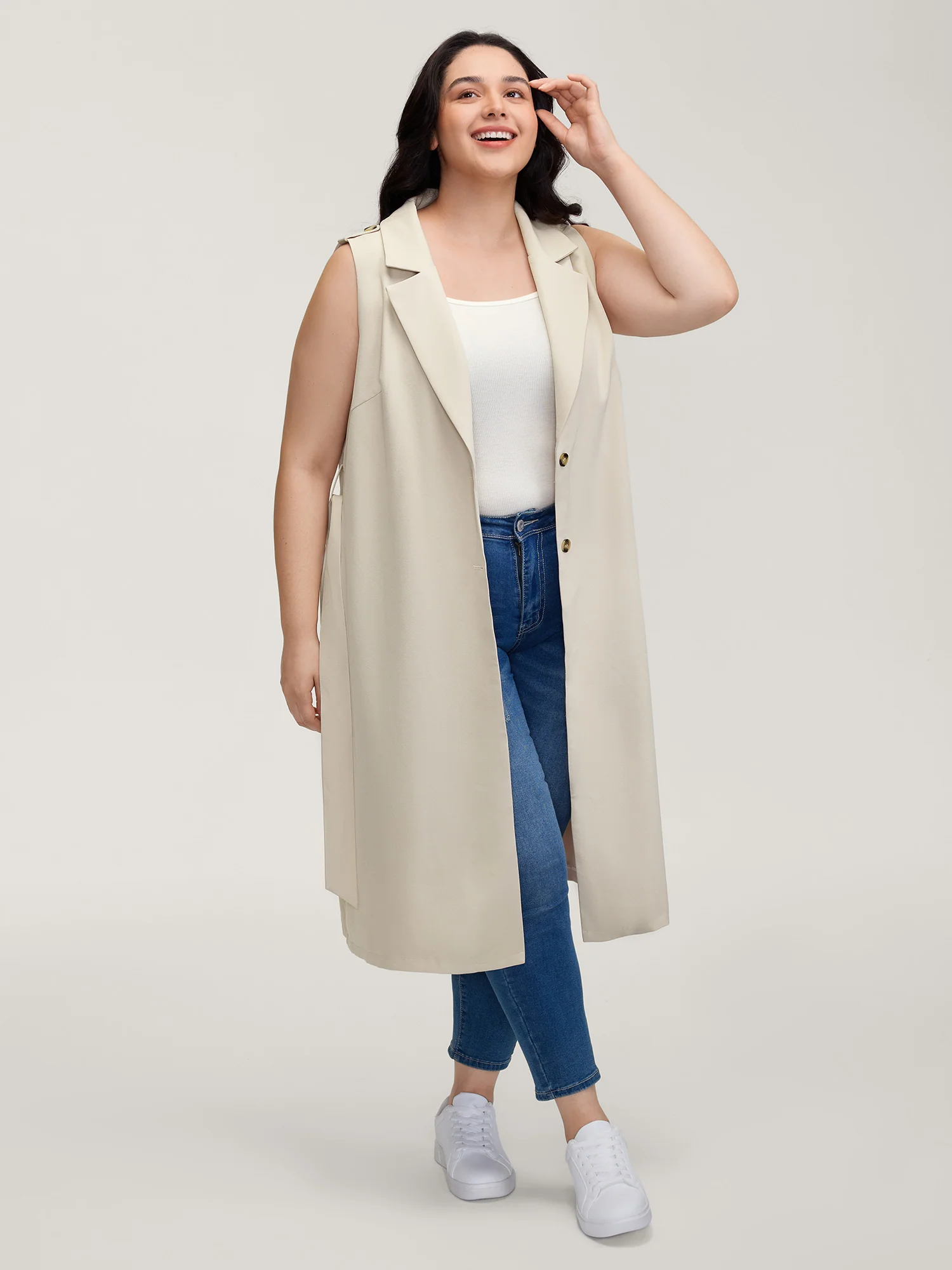 Back Slit Waist Belt Lined Long Vest - Image 3