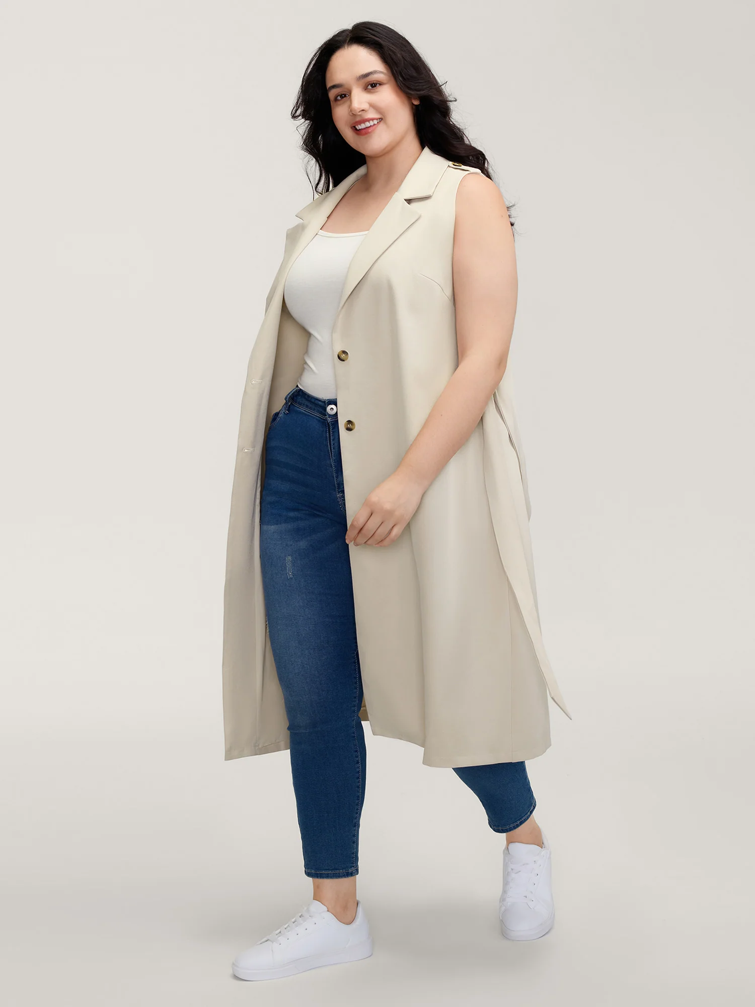 Back Slit Waist Belt Lined Long Vest - Image 4