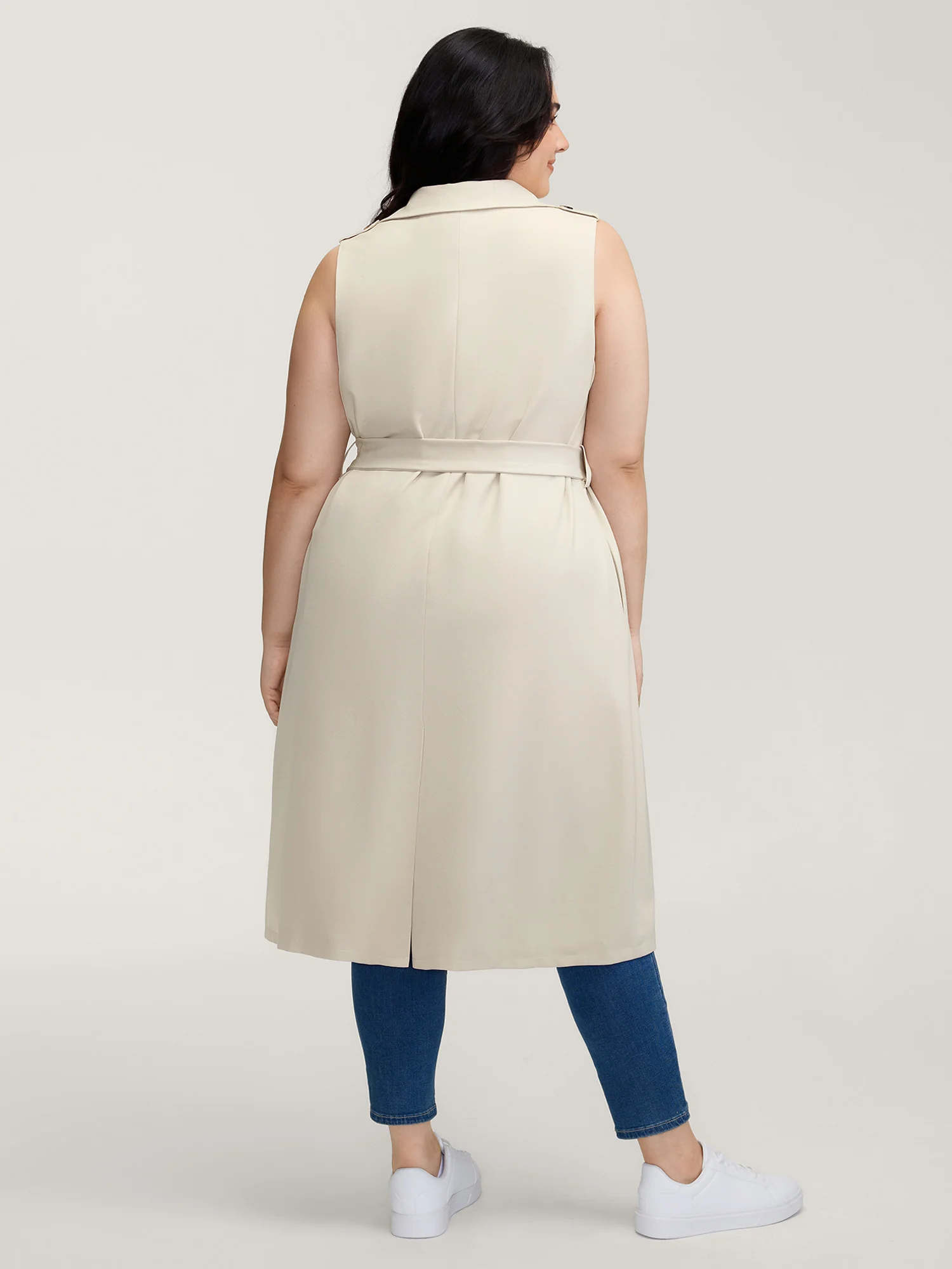Back Slit Waist Belt Lined Long Vest - Image 5