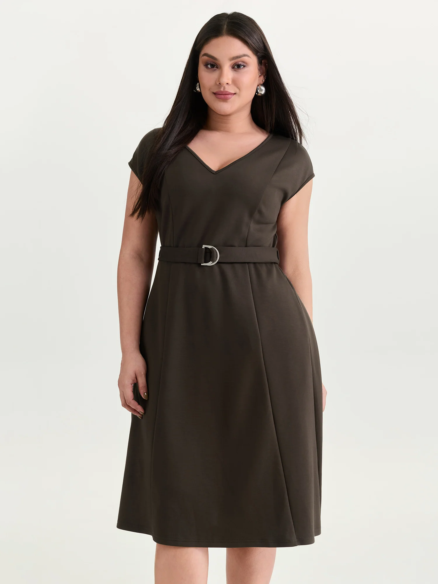 Backless Belted V-Neck Plain Midi Dress - Image 2