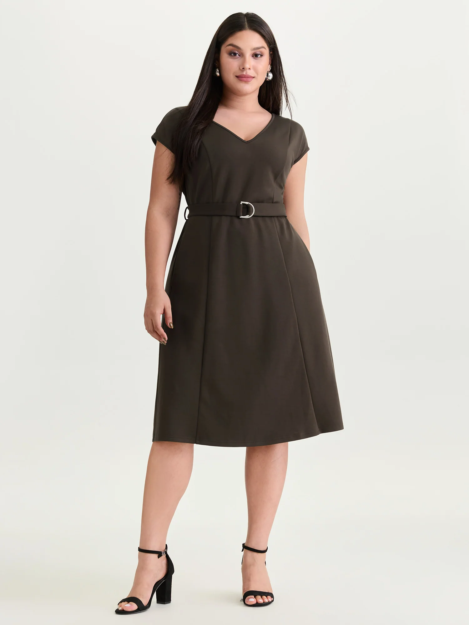 Backless Belted V-Neck Plain Midi Dress - Image 3