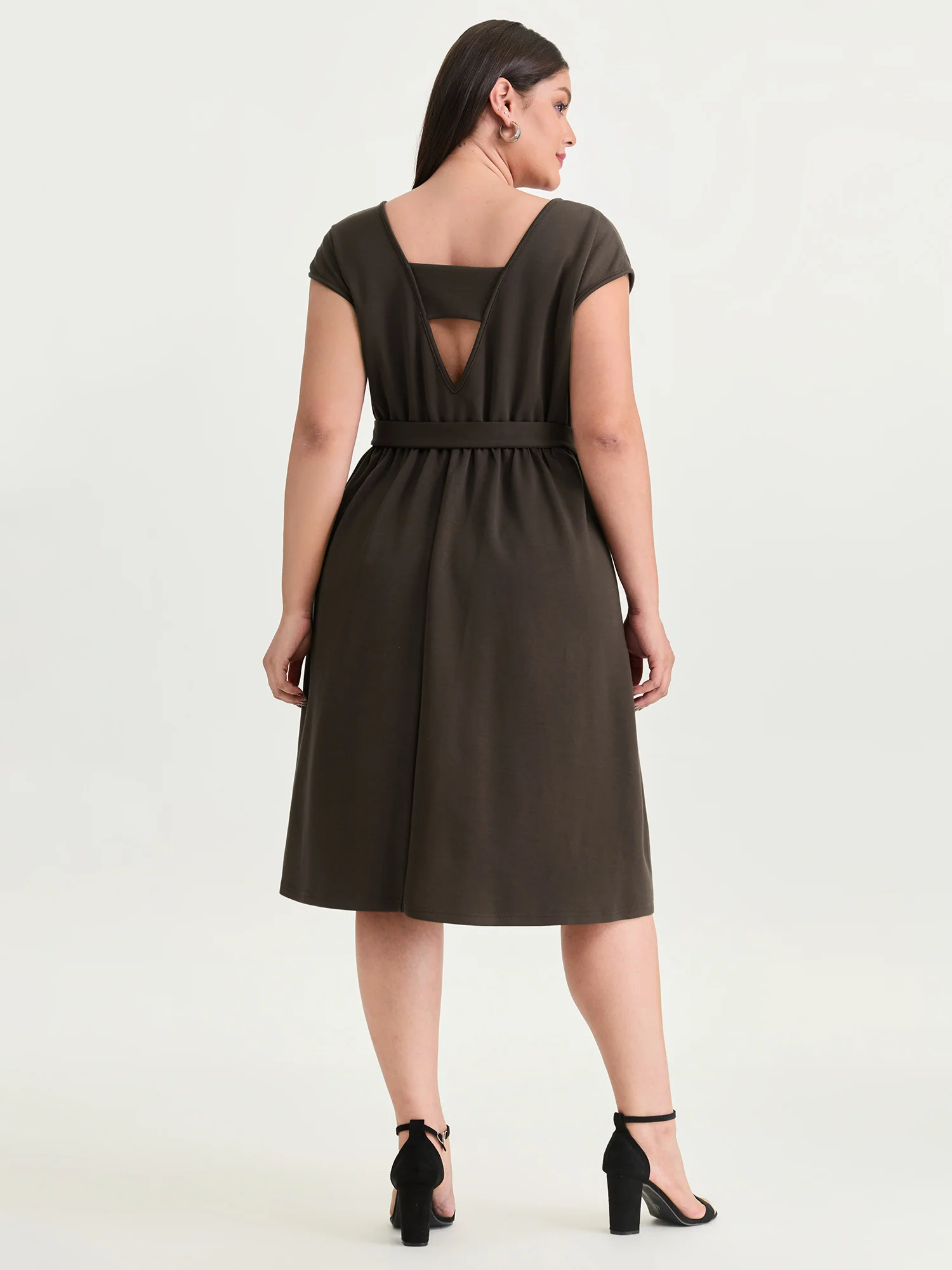 Backless Belted V-Neck Plain Midi Dress - Image 5