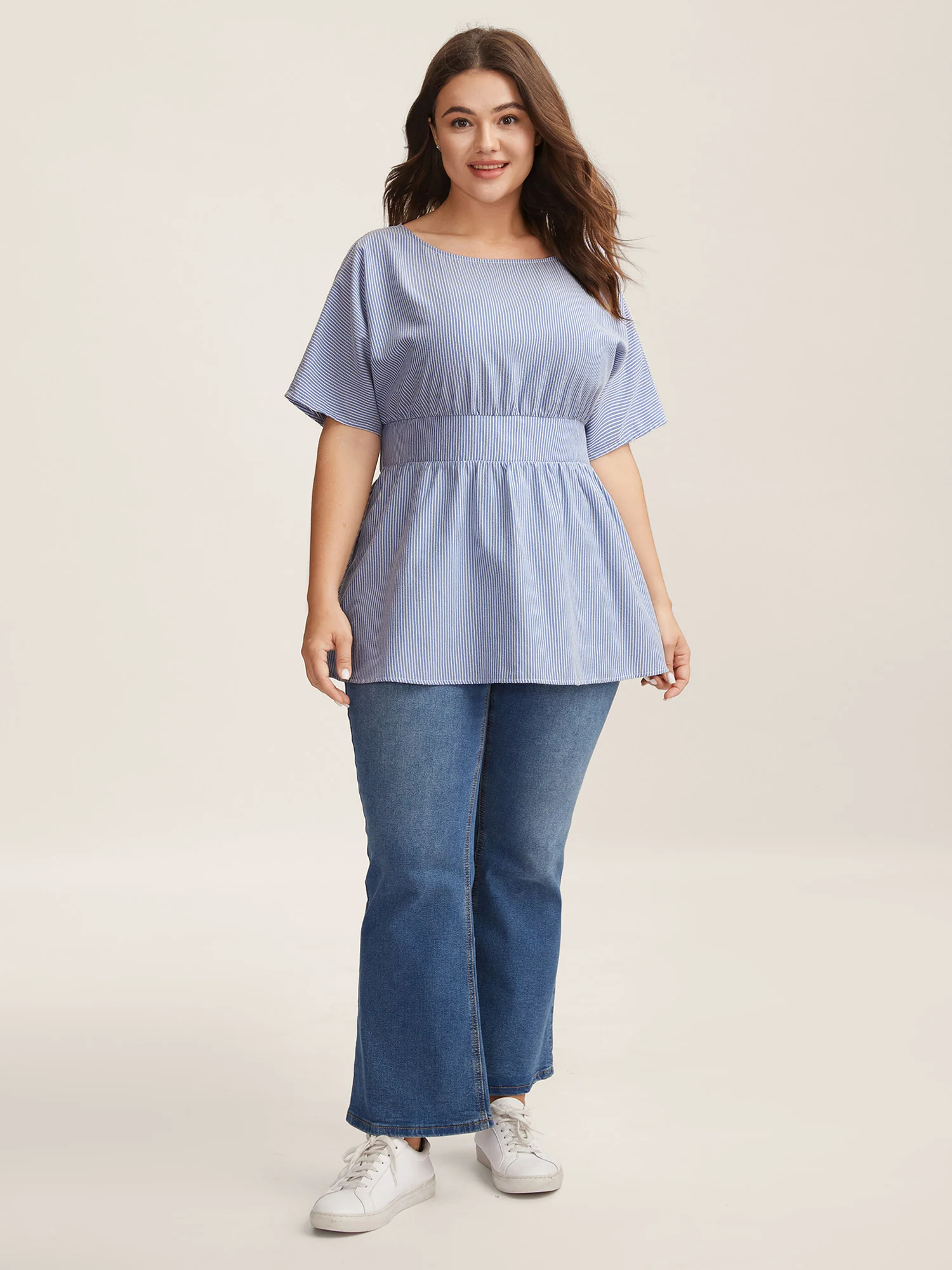 Backless Bow Tie Stripe Print Cinched Blouse - Image 3