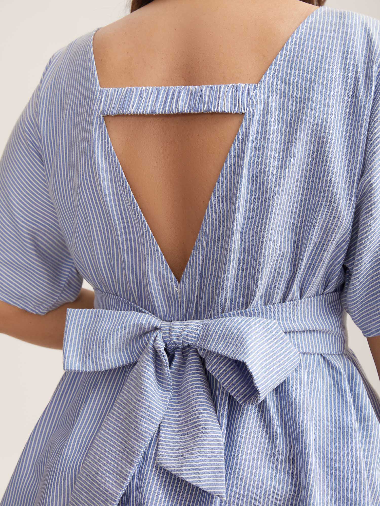 Backless Bow Tie Stripe Print Cinched Blouse - Image 4