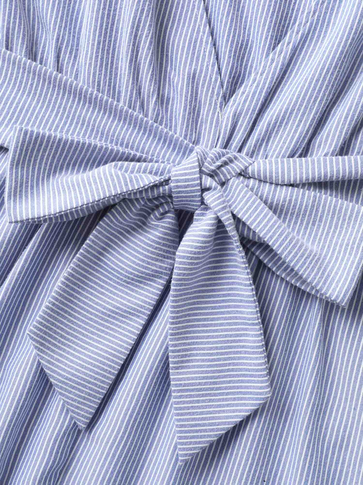 Backless Bow Tie Stripe Print Cinched Blouse - Image 7