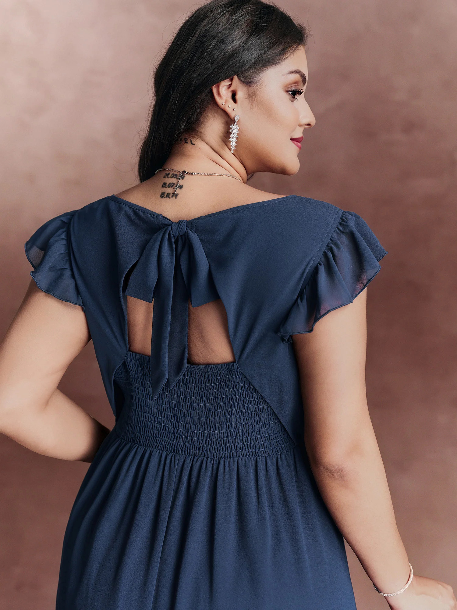 Backless Tie Layered Hem Flutter Sleeve Maxi Dress - Image 2