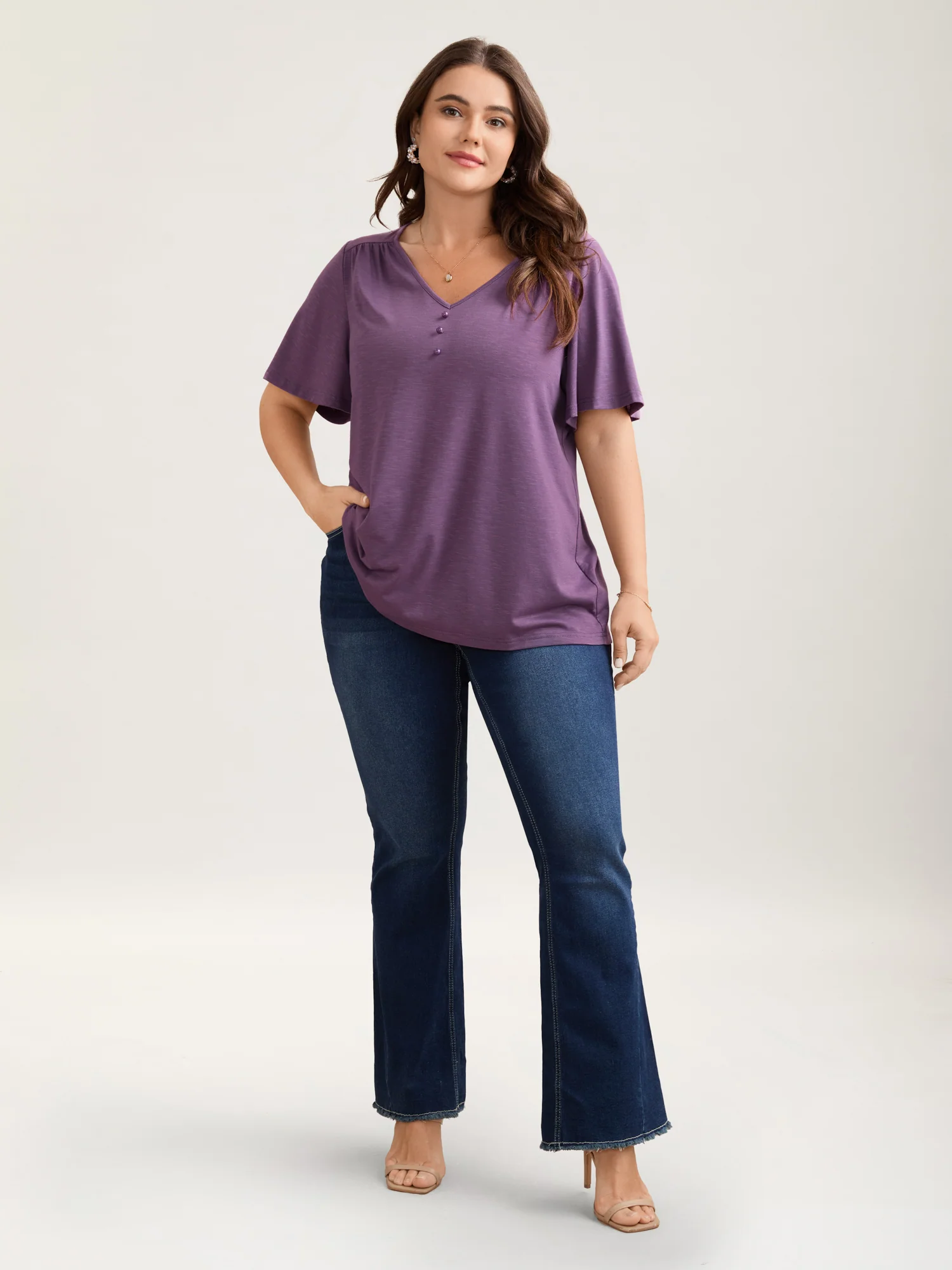 Bamboo Textured Pleated Shoulder Button T-Shirt - Image 3