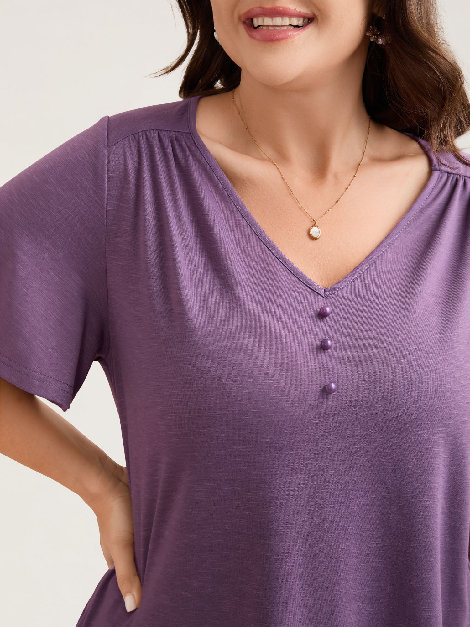 Bamboo Textured Pleated Shoulder Button T-Shirt - Image 4