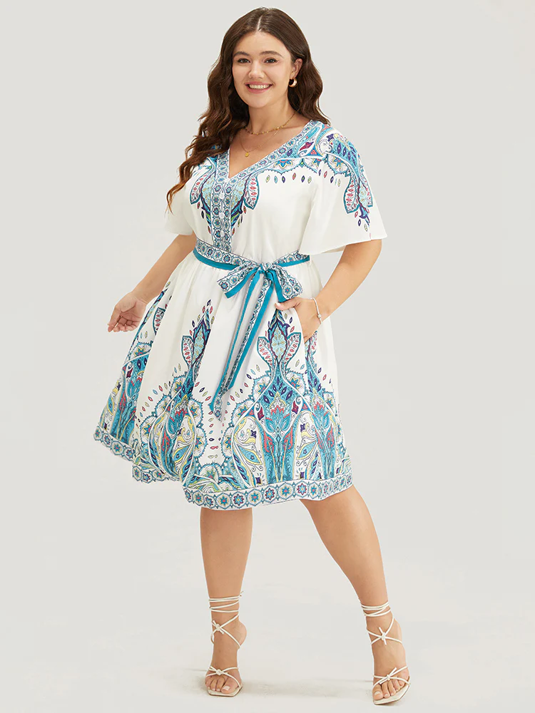 Bandana Button Detail Pocket Belt Knee Dress - Image 2