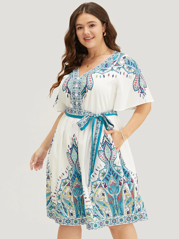 Bandana Button Detail Pocket Belt Knee Dress - Image 3