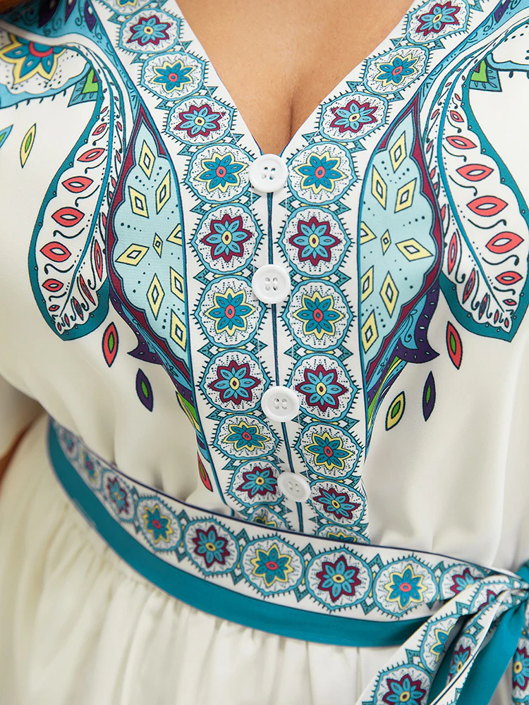 Bandana Button Detail Pocket Belt Knee Dress - Image 5
