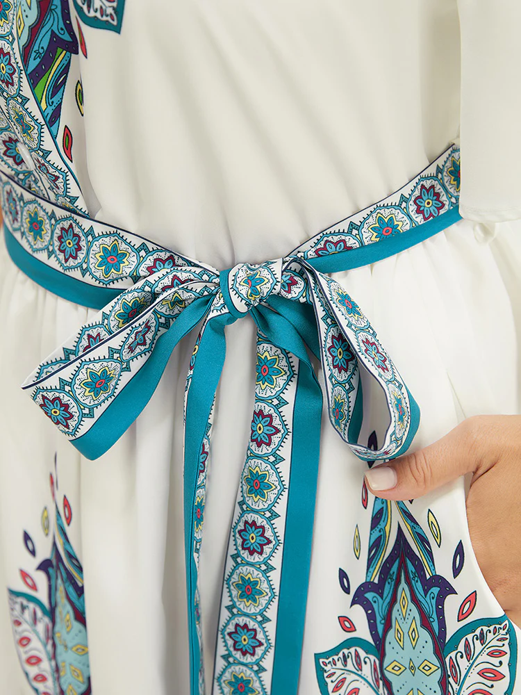 Bandana Button Detail Pocket Belt Knee Dress - Image 6