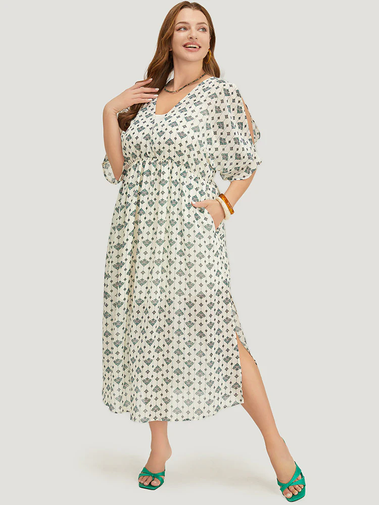 Bandana Dolman Sleeve Pocket Cold Shoulder Split Dress - Image 2