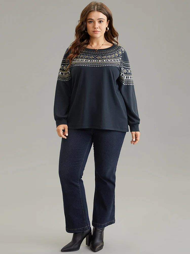 Bandana Embroidered Crew Neck Elastic Cuffs Sweatshirt - Image 3