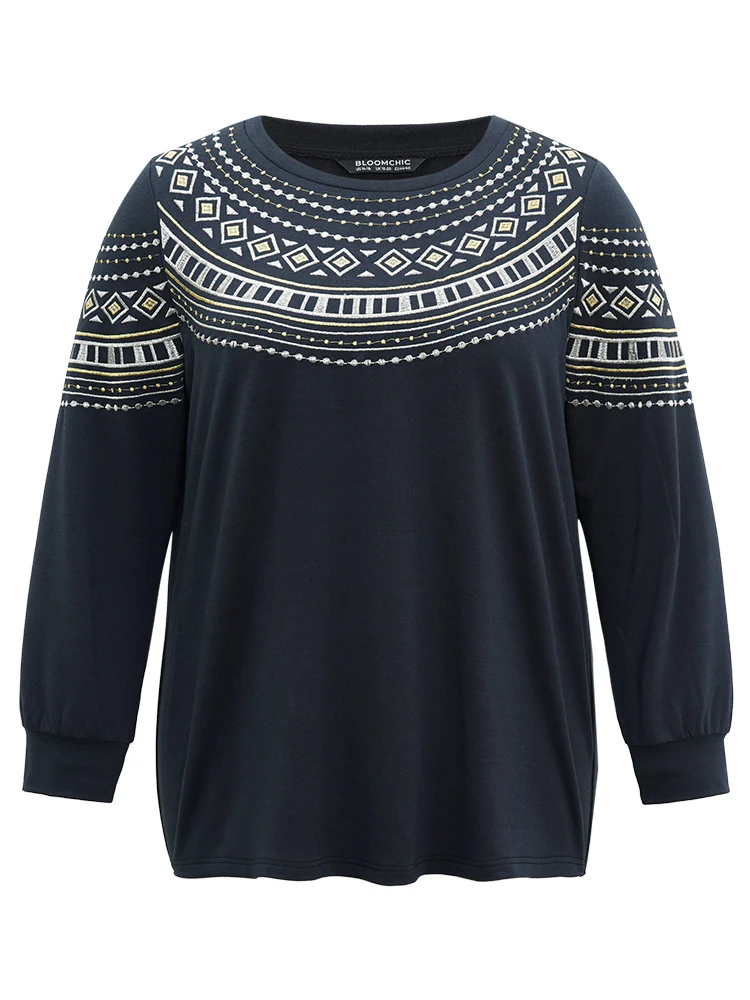 Bandana Embroidered Crew Neck Elastic Cuffs Sweatshirt - Image 5