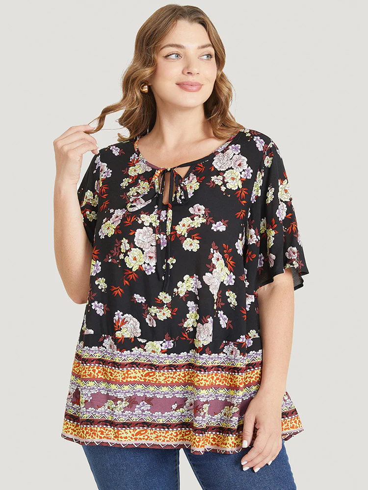 Bandana Flutter Sleeve Tie Neck Cut Out Blouse - Image 2