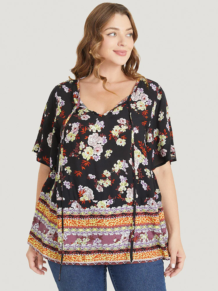 Bandana Flutter Sleeve Tie Neck Cut Out Blouse - Image 3