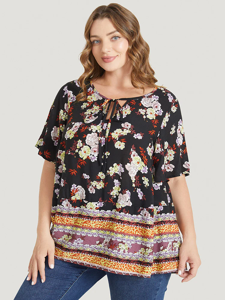 Bandana Flutter Sleeve Tie Neck Cut Out Blouse - Image 4