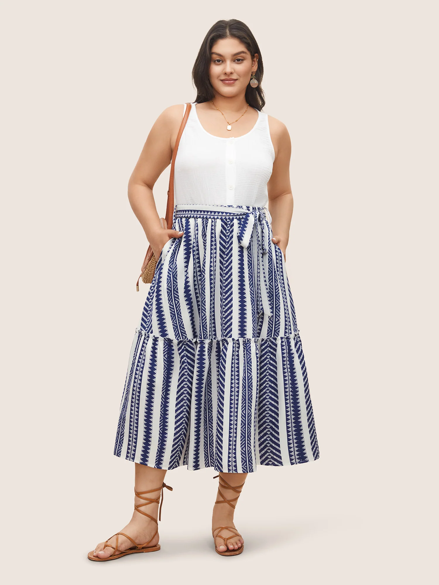 Bandana Geometric Belted Patchwork Ruffle Hem Skirt - Image 2