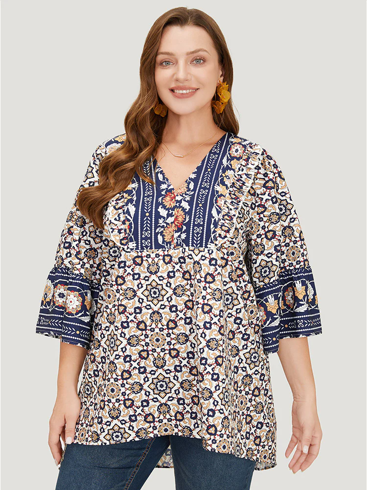 Bandana High Low Hem Bell Sleeve Blouse - Image 5
