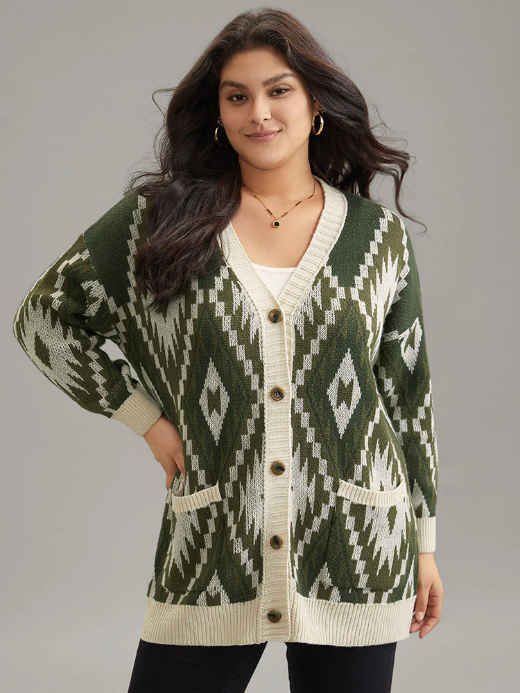 Bandana Jacquard Button Through Patched Pocket Cardigan - Image 3