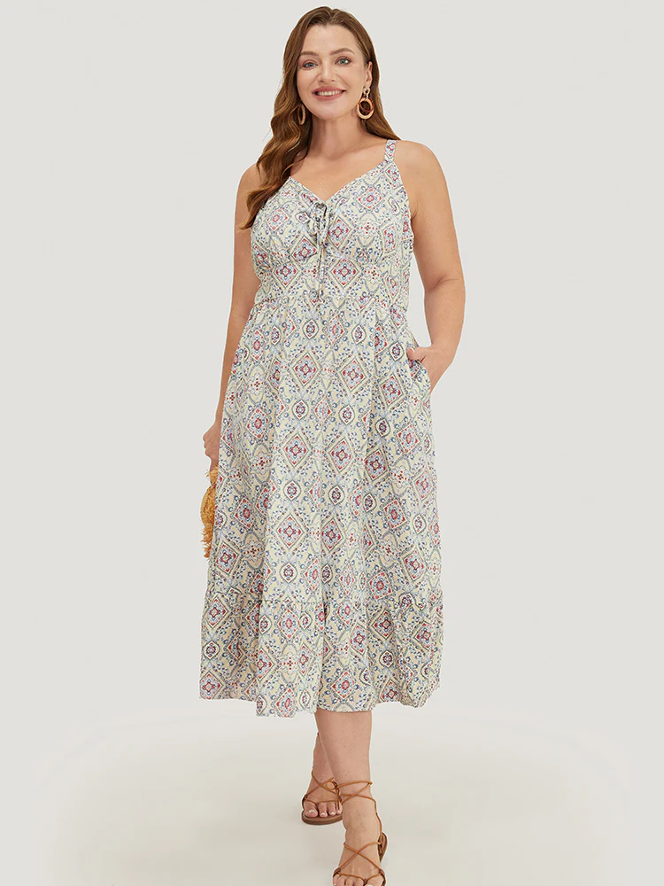 Bandana Knotted Pocket Ruffle Hem Empire Waist Cami Dress - Image 4