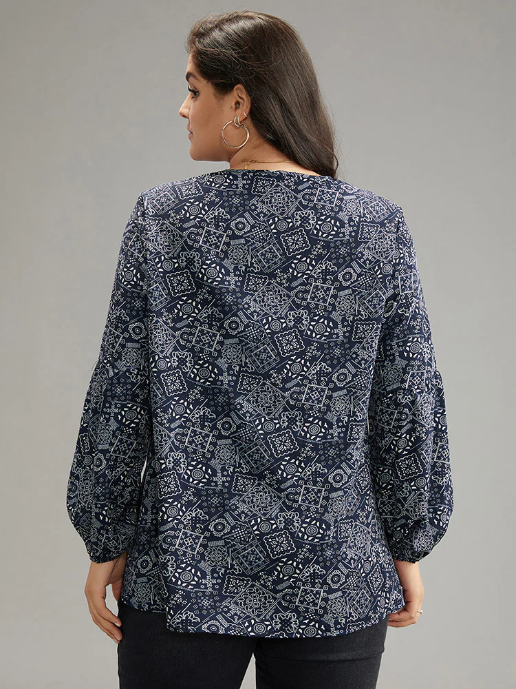 Bandana Lace Insert Lantern Sleeve Blouse - Image 2
